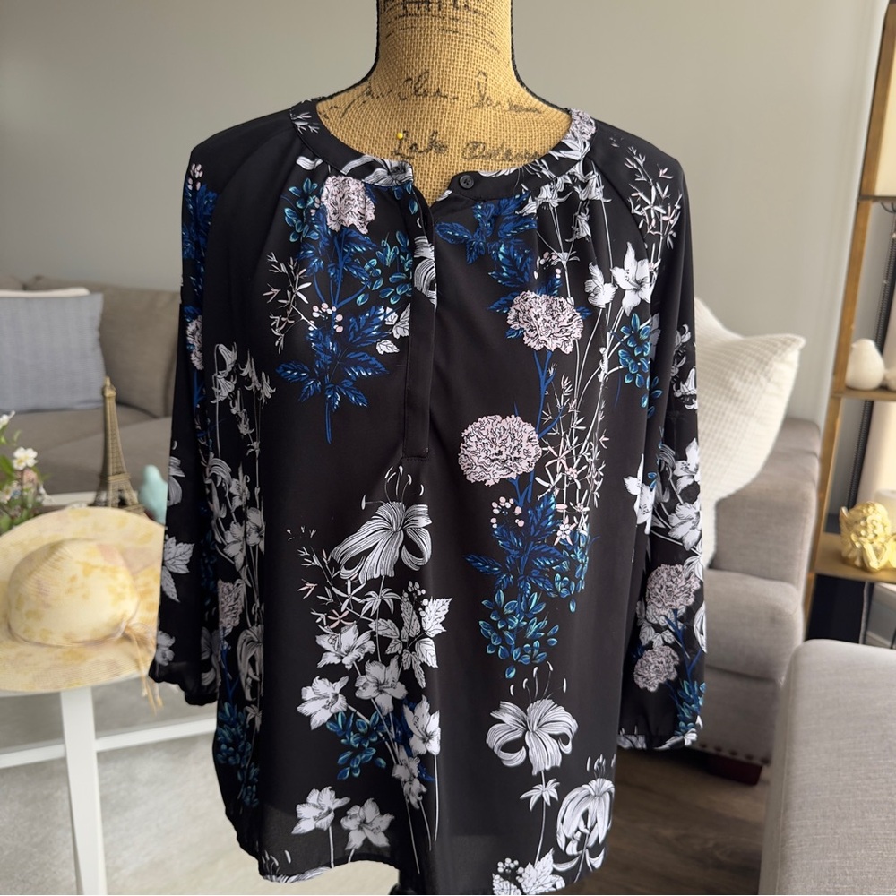 Banana Republic Black and Blue Floral Blouse